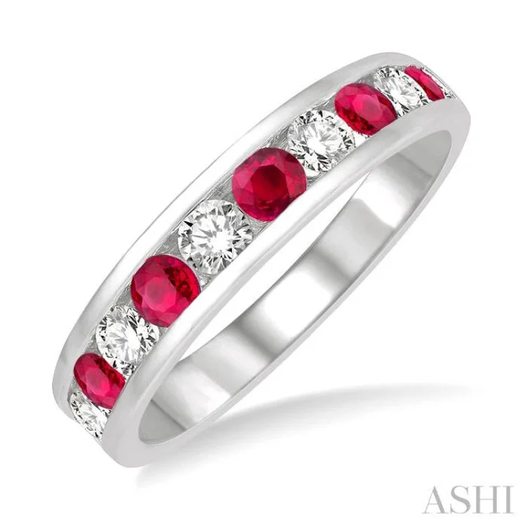 Luxury Gold Ring-1/2 ctw Round Cut Diamond and 2.9MM Ruby Precious Wedding Band in 14K White Gold