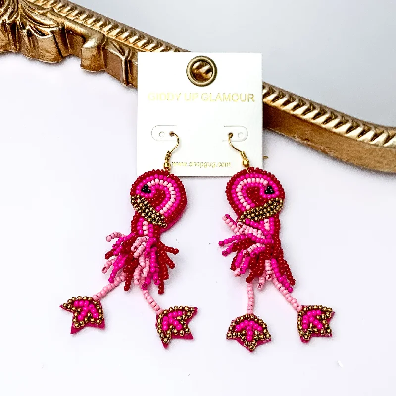 Trendy Dangle Earrings-Pink Beaded Flamingo Earrings with Gold Detail