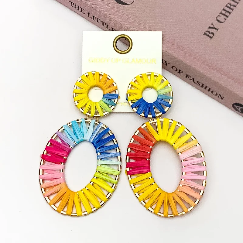 Colorful Drop Earrings-Rainbow Sunshine Raffia Wrapped Open Oval Earrings in Multicolor