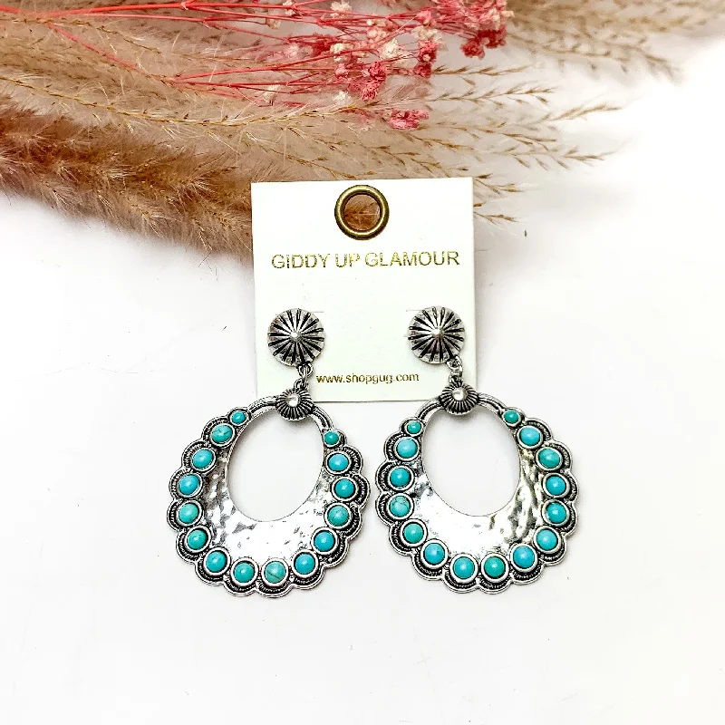 Luxurious Pearl Earrings-Western Open Silver Tone Earrings With Turquoise Stones