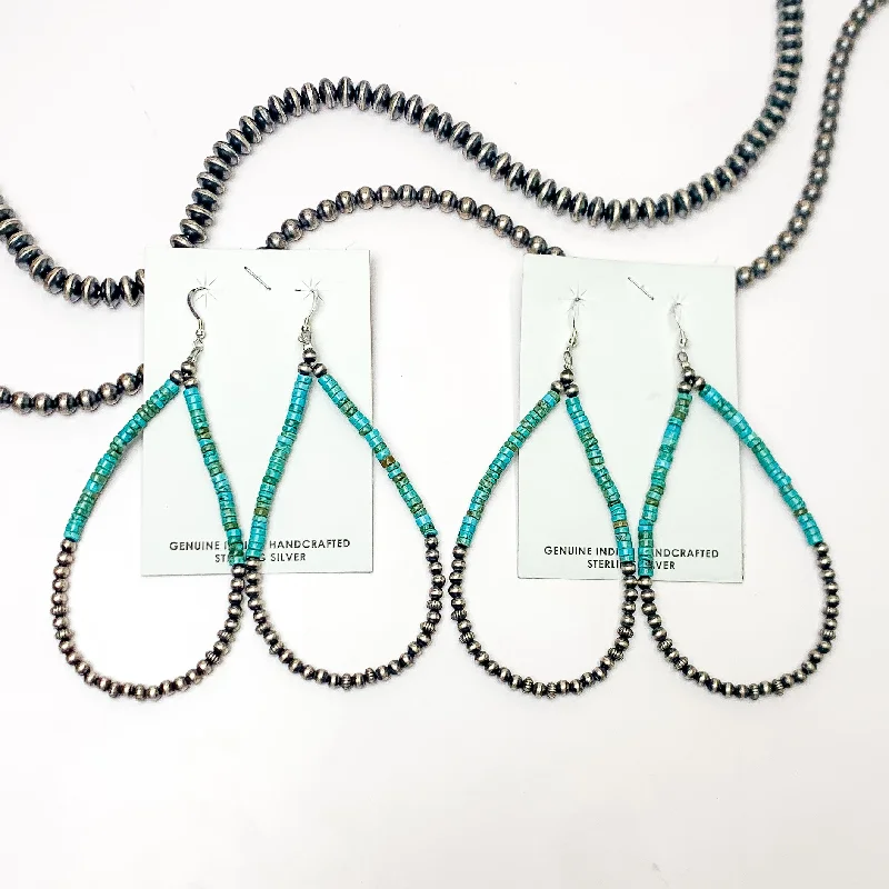 Large Drop Earrings-Navajo | Navajo Handmade Turquoise Beaded Teardrop Earrings with Sterling Silver Navajo Pearls