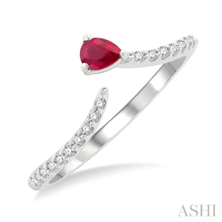 Simple Silver Ring-1/10 ctw Petite 4X3MM Pear Cut Ruby and Round Cut Diamond Precious Fashion Ring in 10K White Gold