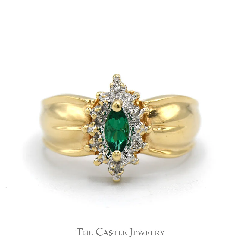 Vintage Engagement Ring-Marquise Cut Emerald Ring with Diamond Halo in 10k Yellow Gold