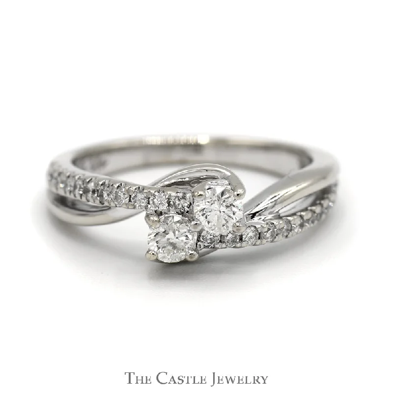 Customizable Birthstone Ring-Ever Us Double Diamond Bypass Ring with Diamond Accented Sides in 14k White Gold