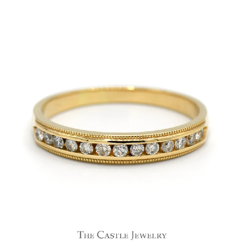 Stackable Engagement Rings-1/4cttw Channel Set Round Diamond Wedding Band with Milgrain Detail in 14k Yellow Gold