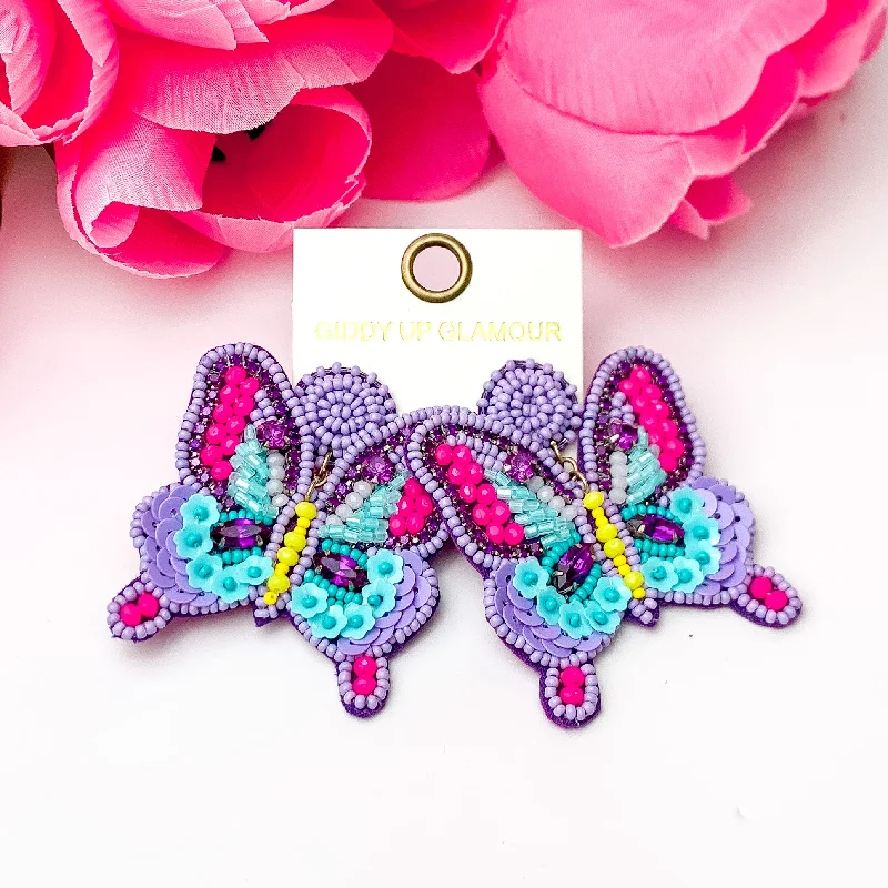 Modern Bridal Earrings-Beaded Summertime Butterfly Earrings in Purple, Blue, and Pink