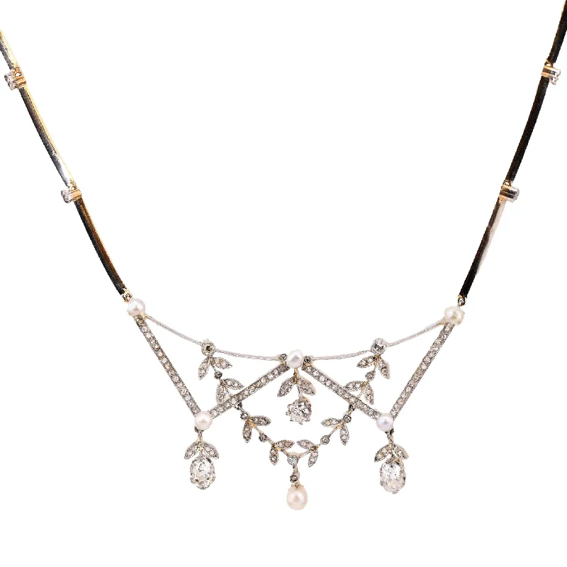 Diamond Heart Necklace-Antique 3 carat total weight diamond pearl 18k yellow gold hinged necklace