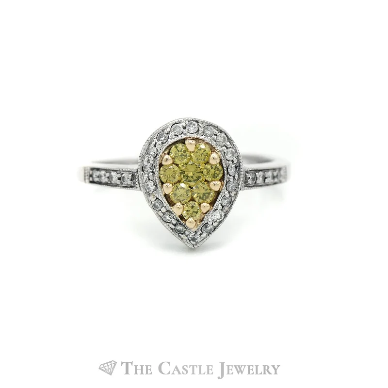 Promise Ring with Diamond-3/4cttw Pear Shaped Yellow & White Diamond Cluster Ring in 14k White Gold