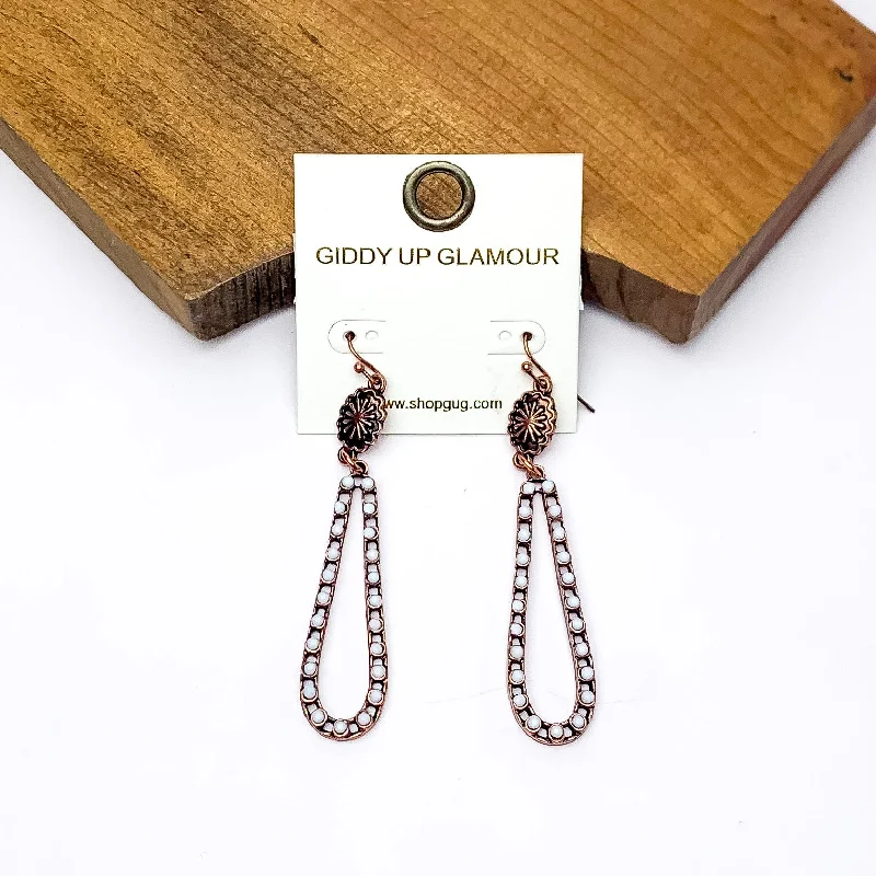 Diamond Dangle Earrings-Copper Tone Open Teardrop Earrings With Small Stones in Ivory