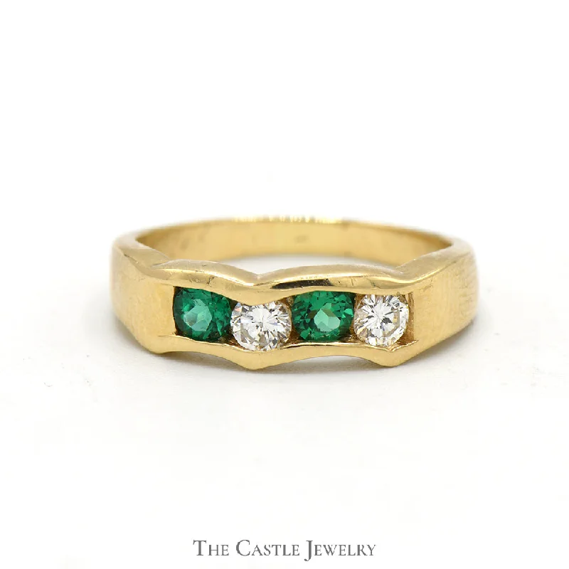 Elegant Wedding Band with Diamonds-Channel Set Emerald and Diamond Fitted Band in 14k Yellow Gold