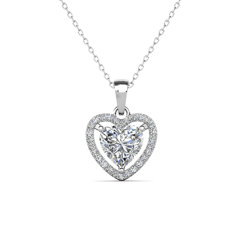 Long Silver Necklace-Amora 18k White Gold Plated Halo Heart Pendant Necklace with Simulated Diamond Crystals