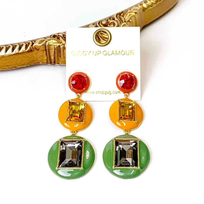 Colorful Stud Earrings-3 Tier Multicolor Enamel Framed Stone Drop Earrings in Red/Yellow/Green