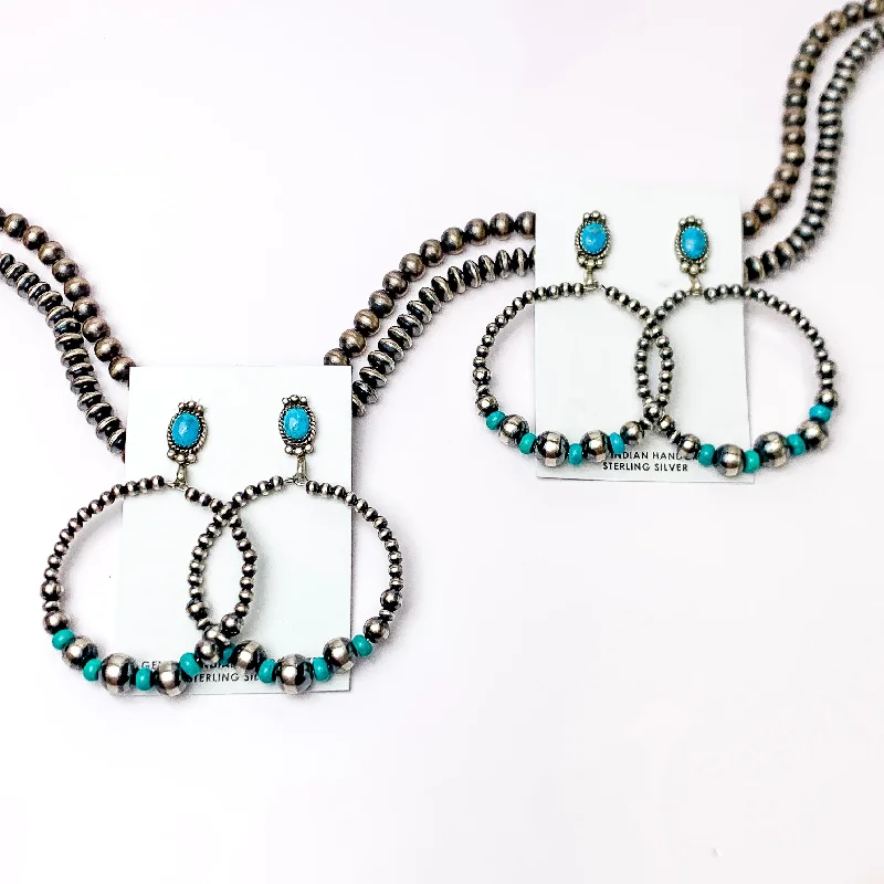 Trendy Earrings for Bridesmaids-Navajo | Navajo Handmade Sterling Silver Studded Navajo Pearl Hoop Earrings with Turquoise Spacers