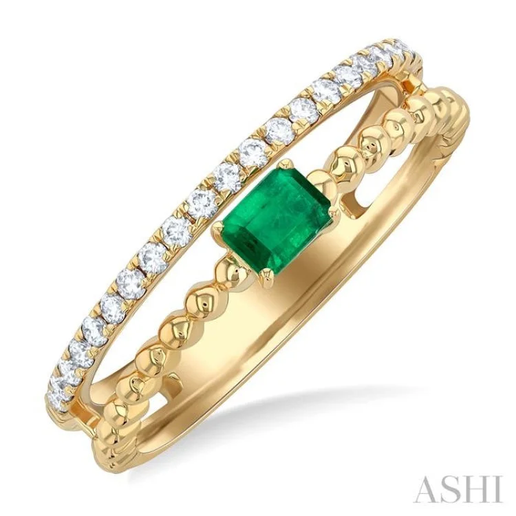 Customizable Engagement Ring-1/5 ctw Round Cut Diamond and 4X3MM Emerald Precious Split Twin Ring in 10K Yellow Gold