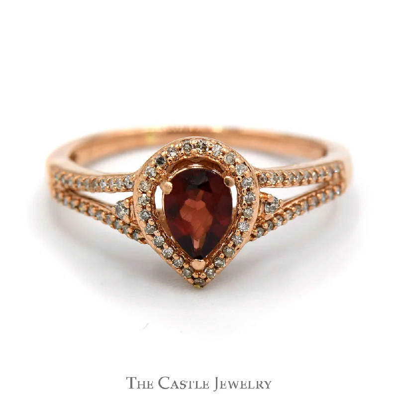 Modern Sapphire Engagement Ring-Pear Cut Garnet Ring with Diamond Halo and Accented Split Shank Sides in 10k Rose Gold