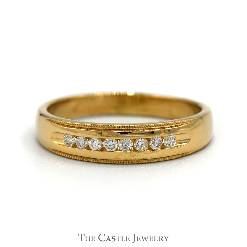 Fashionable Engagement Ring Set-1/4cttw Round Channel Set Diamond Wedding Band with Milgrain Edges in 14k Yellow Gold