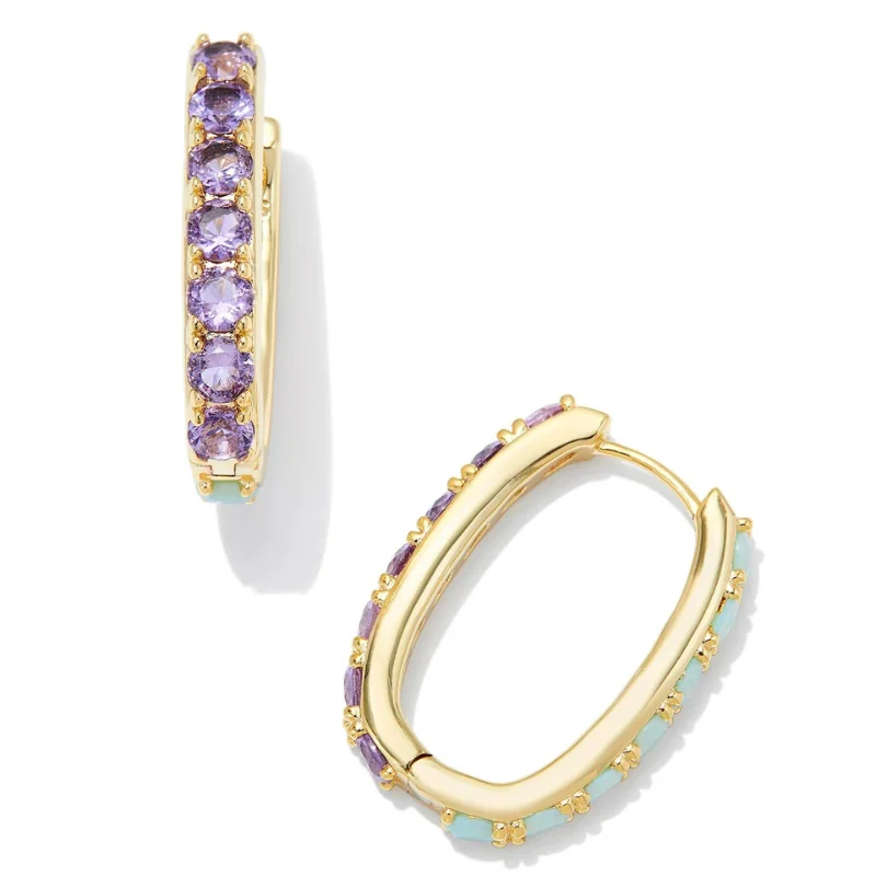 Silver Dangle Earrings-Kendra Scott | Chandler Gold Hoop Earrings in Green Lilac Mix