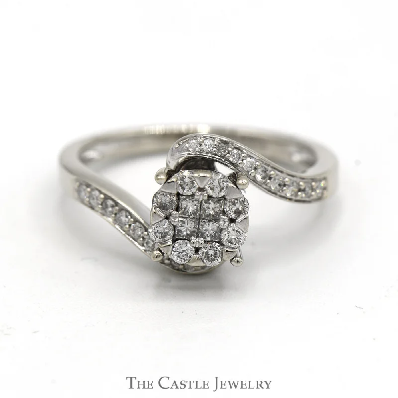 Unique Wedding Ring Set for Couples-1/2cttw Diamond Cluster Engagement Ring in 14K White Gold