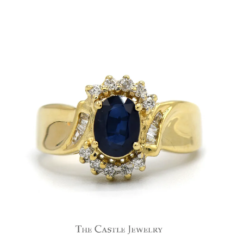 Designer Gold Ring-Oval Sapphire Ring with Round & Baguette Cut Diamond Accents in 14k Yellow Gold