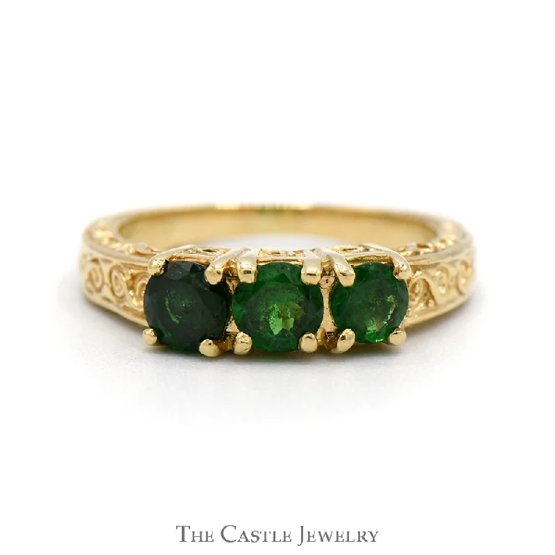 Men's Custom Wedding Ring-Three Stone Round Emerald Ring with Scroll Designed Sides in 14k Yellow Gold