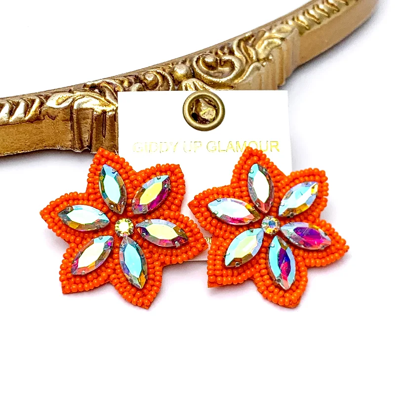 Crystal Drop Earrings-Prismatic Petals Seed Bead Flower Stud Earrings with AB stones in Orange