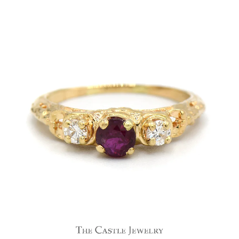 Custom Engagement Ring with Rubies-Vintage Style 3 Stone Ruby and Diamond Ring in 14k Yellow Gold