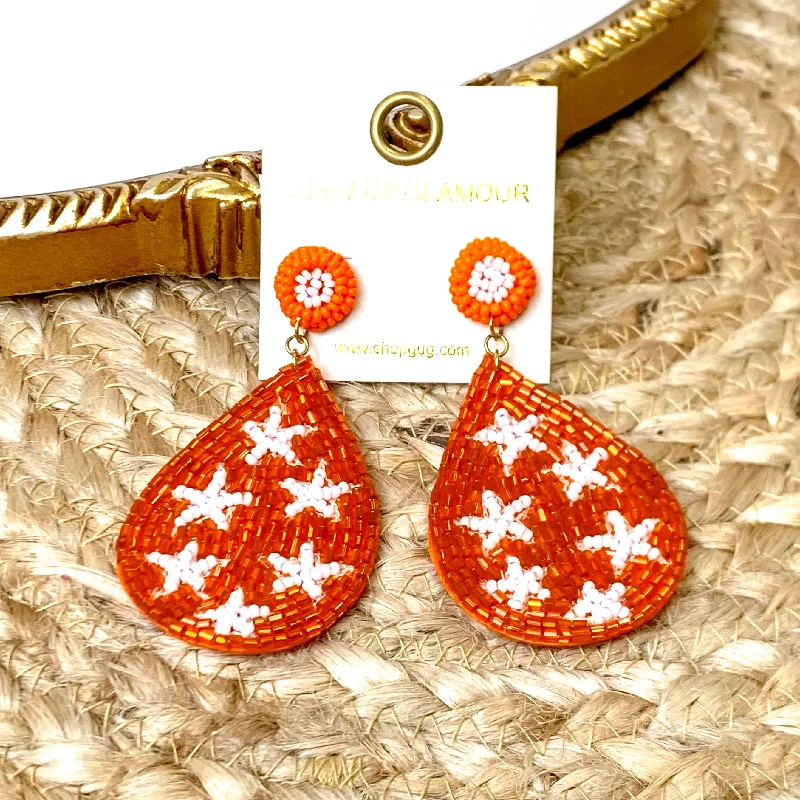 Statement Earrings for Weddings-Beaded Teardrop Dangle Earrings with Stars in Orange and White