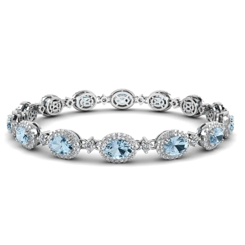 Elegant Silver Wedding Bracelet-Oval Shape 9 Carat Aquamarine Center Featuring Diamond Halo Bracelet BRHAOCA