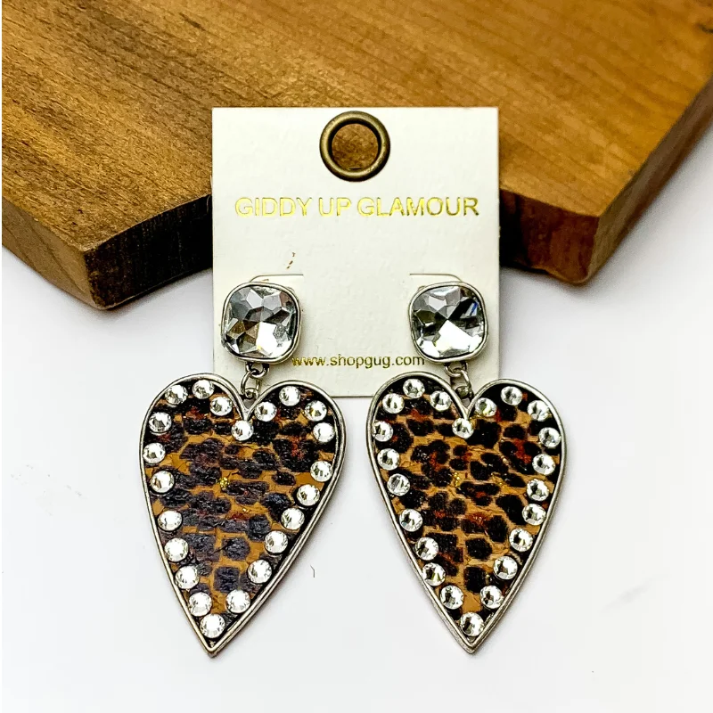 Simple Silver Earrings-Cork Leopard Print Heart Earrings with an Clear Crystal Border