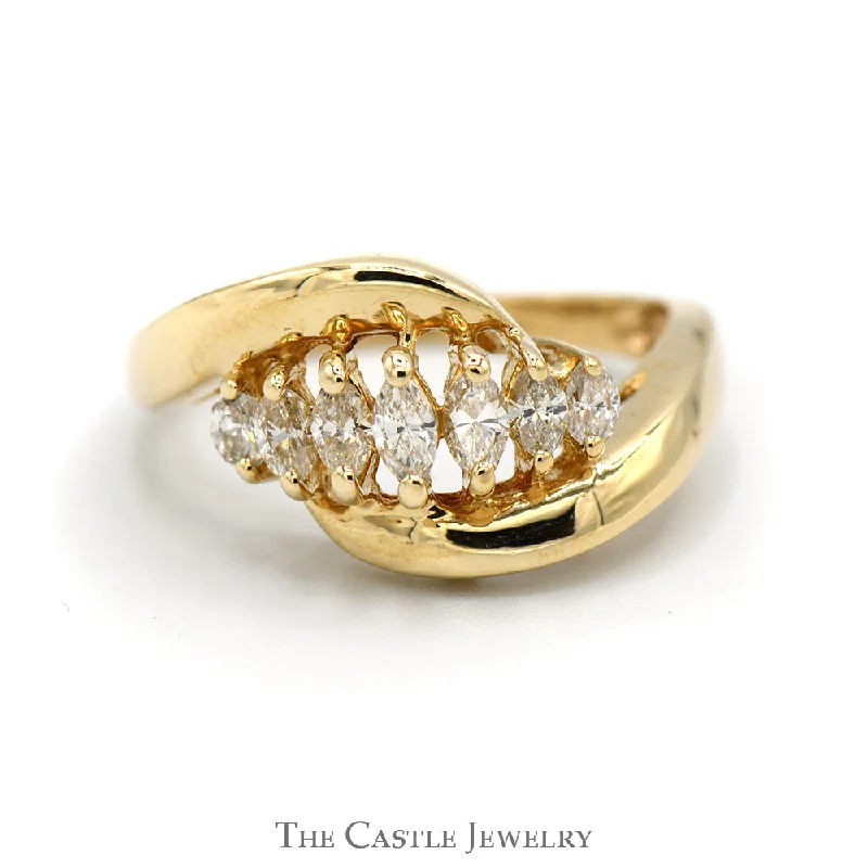 Elegant Gold Engagement Ring-1/2cttw 7 Marquise Diamond Cluster Band with Open Bypass Design in 14k Yellow Gold