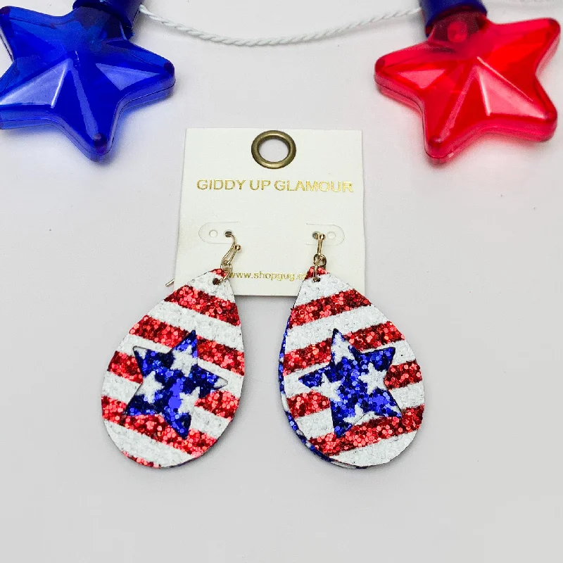 Custom Hoop Earrings-Star Cutout Glitter Patriotic Teardrop Earrings