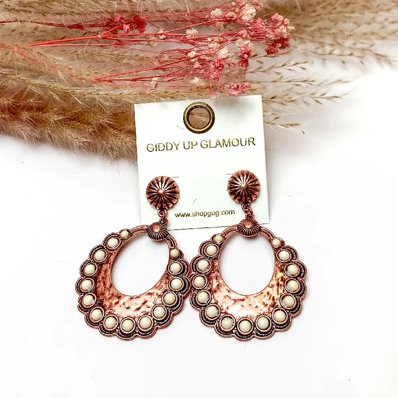 Unique Diamond Earrings-Western Open Copper Tone Earrings With Ivory Stones