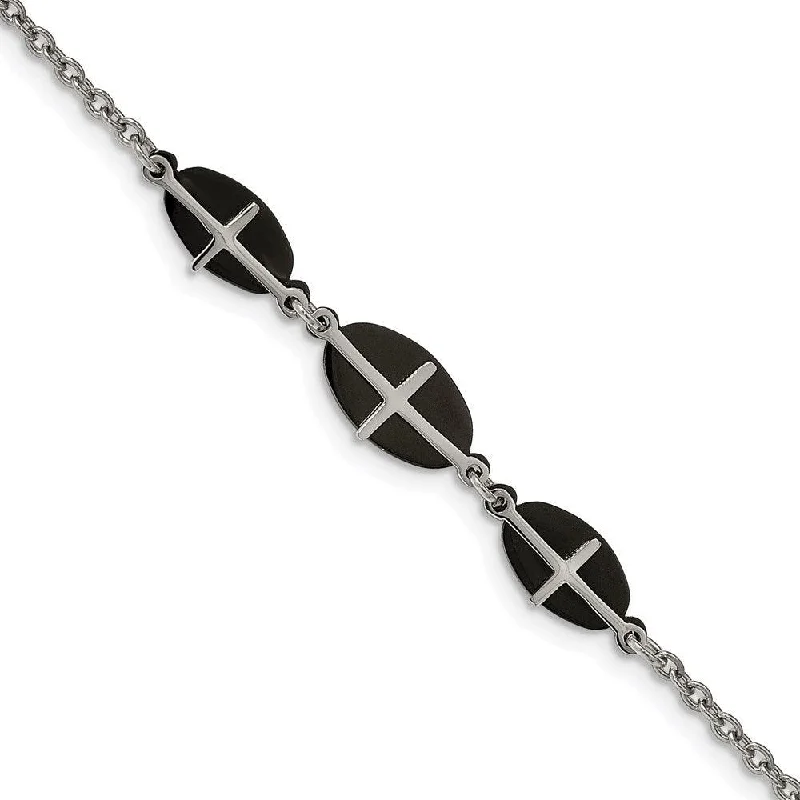 Adjustable Bracelet for Women-Stainless Steel Polished Black IP-plated 7in w/1in ext. Cross Bracelet