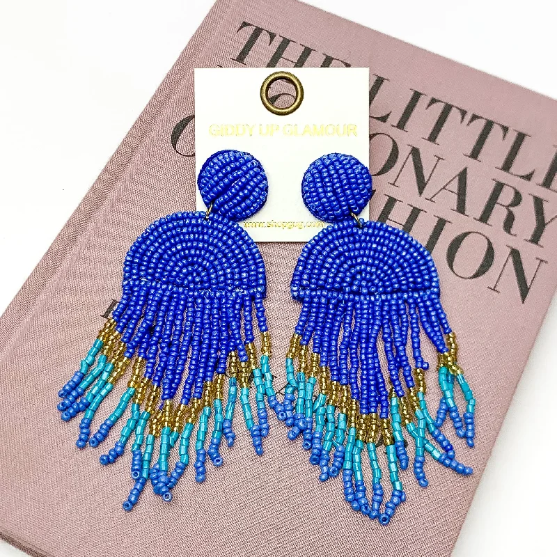 Simple Hoop Earrings for Brides-Semi Circle Drop Beaded Earrings with Tassels in Blue