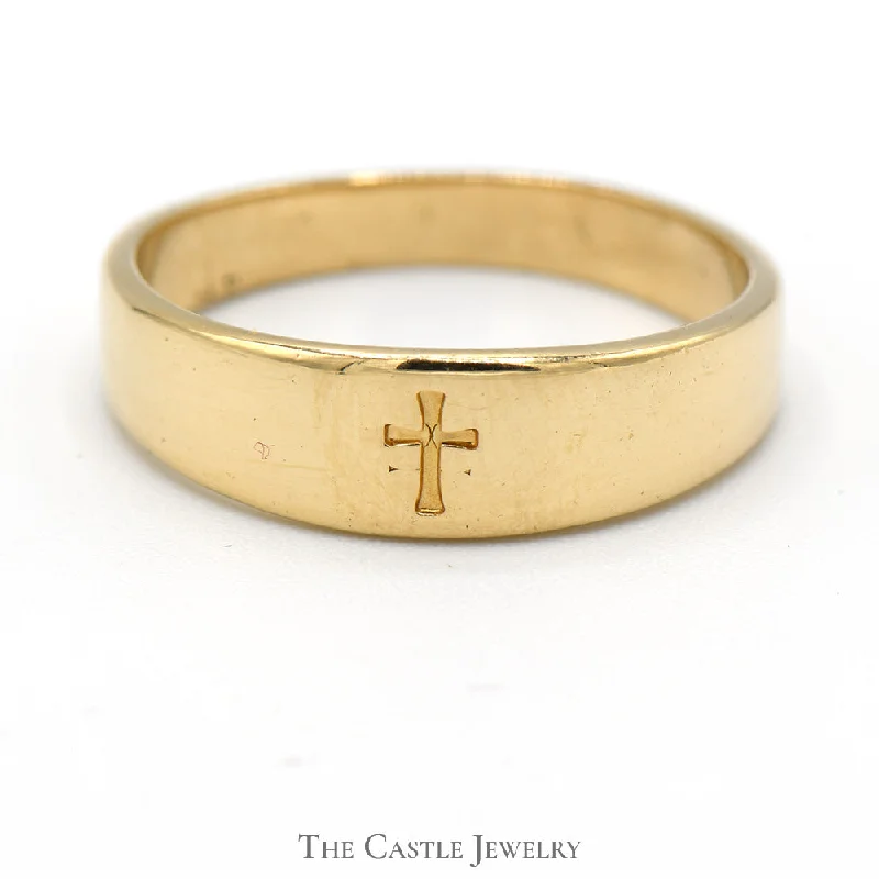 Elegant Wedding Ring for Bride-14k Yellow Gold Etched Cross Band - Size 7.25