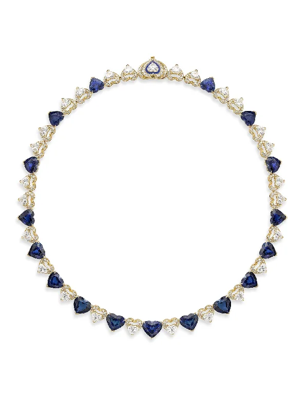 Dainty Necklace with Gemstones-Classic Heart Sapphire Diamond Yellow Gold Collar