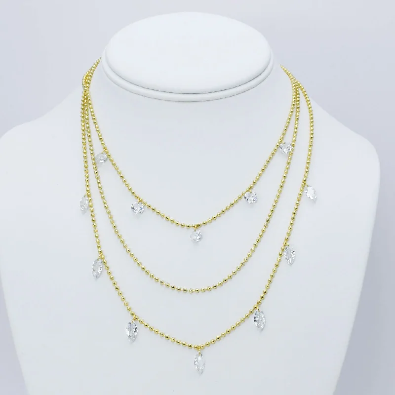 Diamond and Gold Necklace-Crystal Cascade Layer Necklace