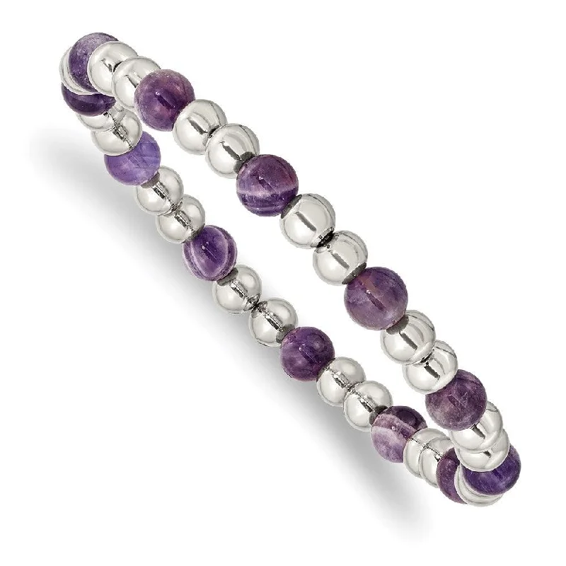 Elegant Adjustable Bracelet-Stainless Steel Polished Purple Zebra Amethyst Beaded Stretch Bracelet