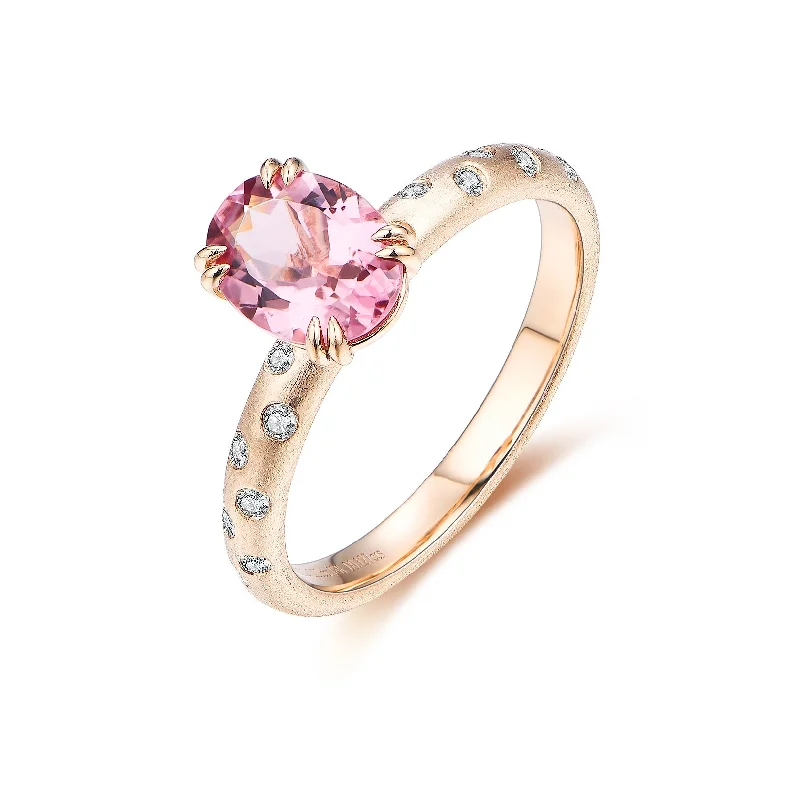 Custom Engagement Ring for Bride-Oval Pink Tourmaline Sand Finish Diamond Ring