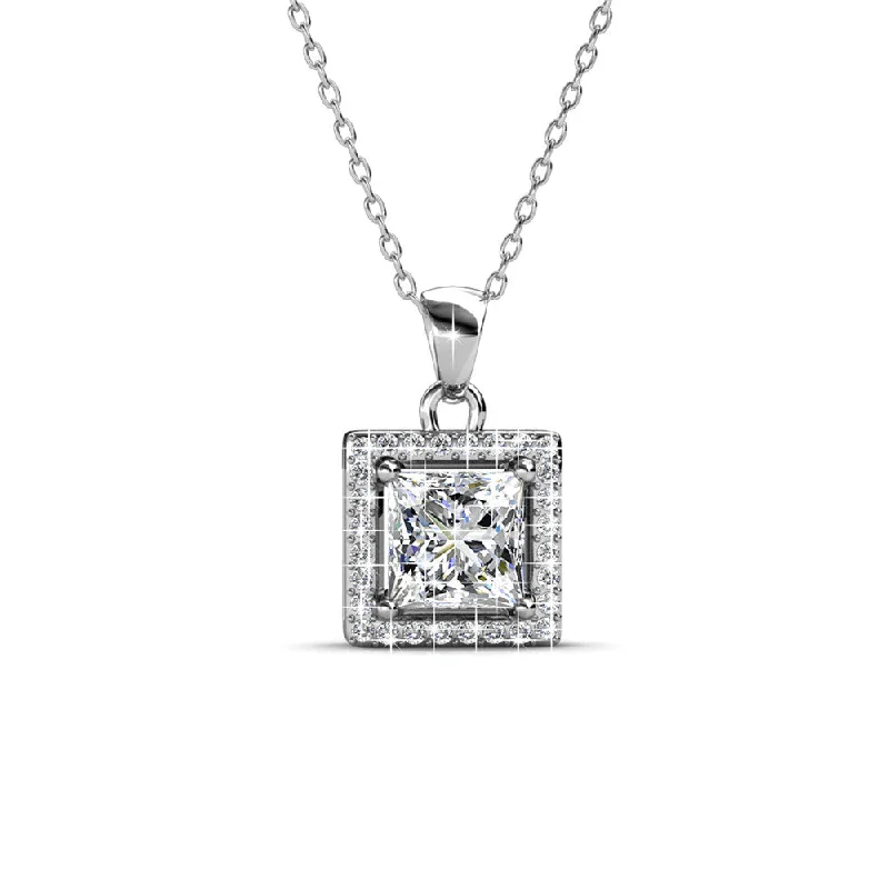 Luxury Diamond Necklace-Ekatrina 18k White Gold Plated Halo Pendant Necklace with Sparkling Square Cut Swarovski Crystal