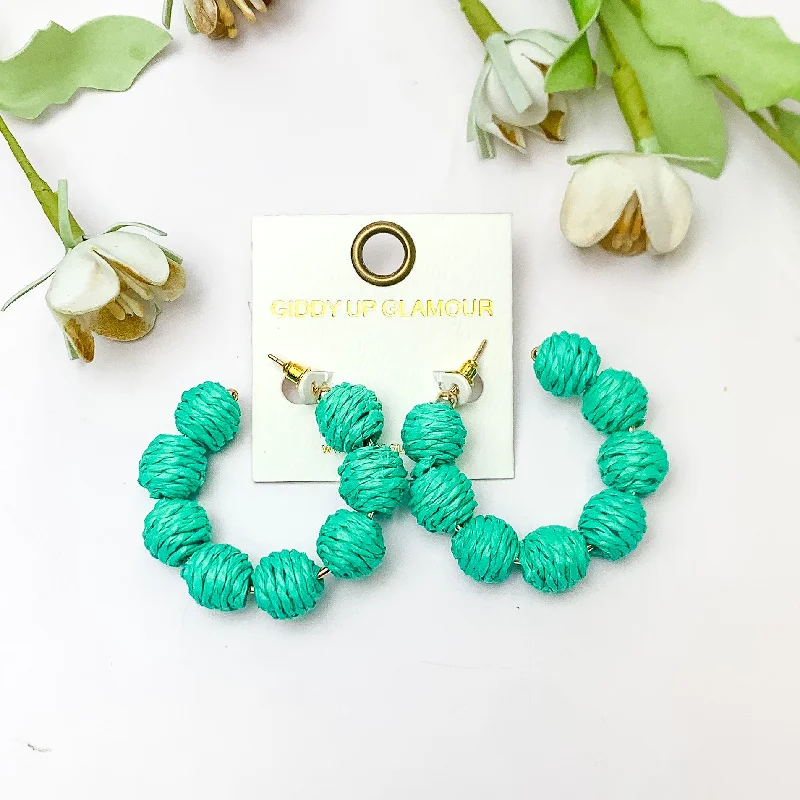 Ethnic Earrings for Women-Sorbet Summer Raffia Ball Hoop Earrings in Turquoise Green