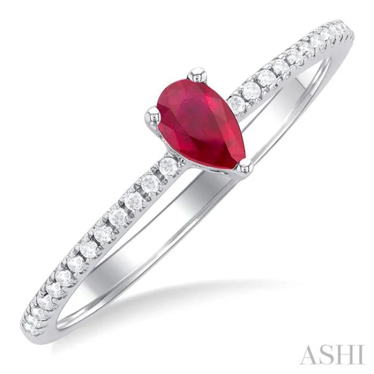 Promise Ring with Diamond-1/10 ctw Petite 5X3MM Pear Cut Ruby and Round Cut Diamond Precious Fashion Ring in 10K White Gold