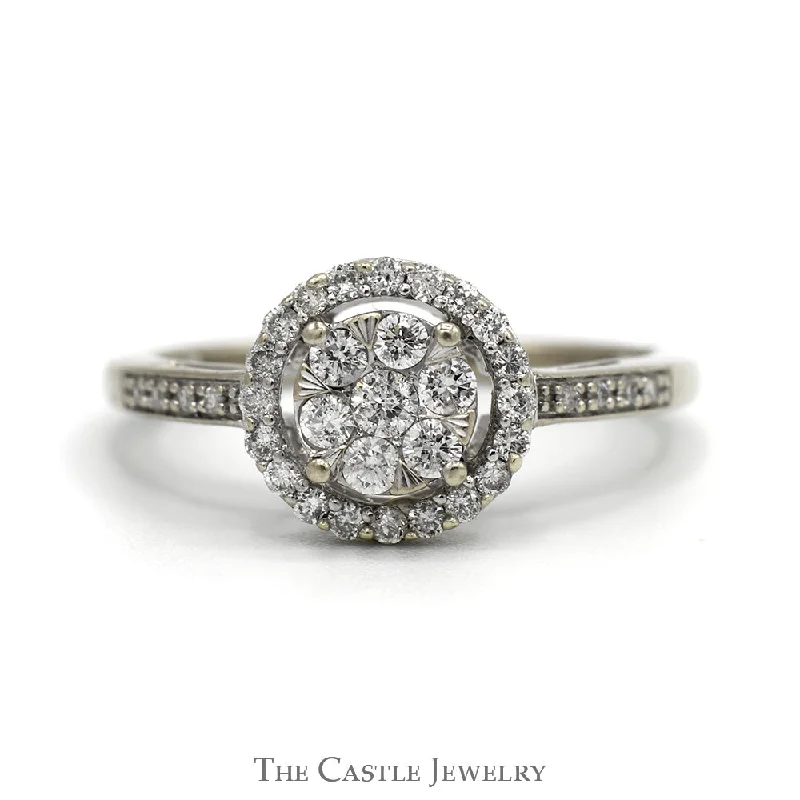 Beautiful Custom Ring-1/2cttw Round Shaped Diamond Cluster Ring with Diamond Halo and Accented Sides in 14k White Gold