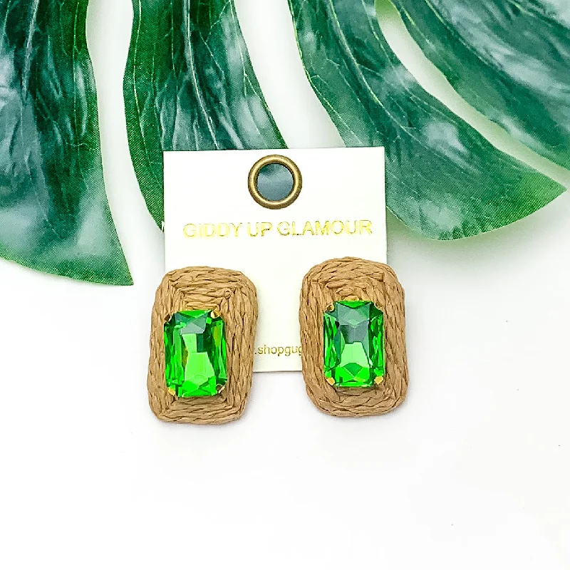 Small Stud Earrings for Women-Truly Tropical Raffia Rectangle Earrings in Brown With Green Crystal