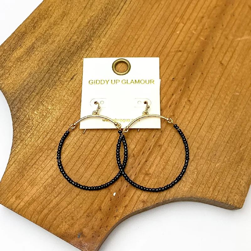 Tiny Huggie Earrings-Gold Tone Hoop Earrings Beaded in Black