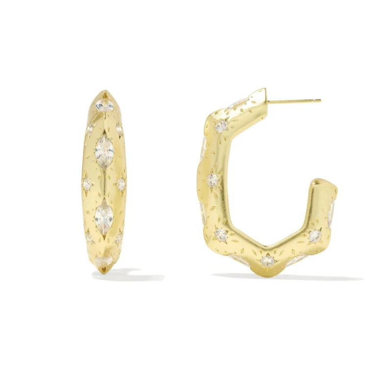 Custom Earrings for Bridesmaids-Kendra Scott | Holland Hoop Earrings in Gold White Crystal