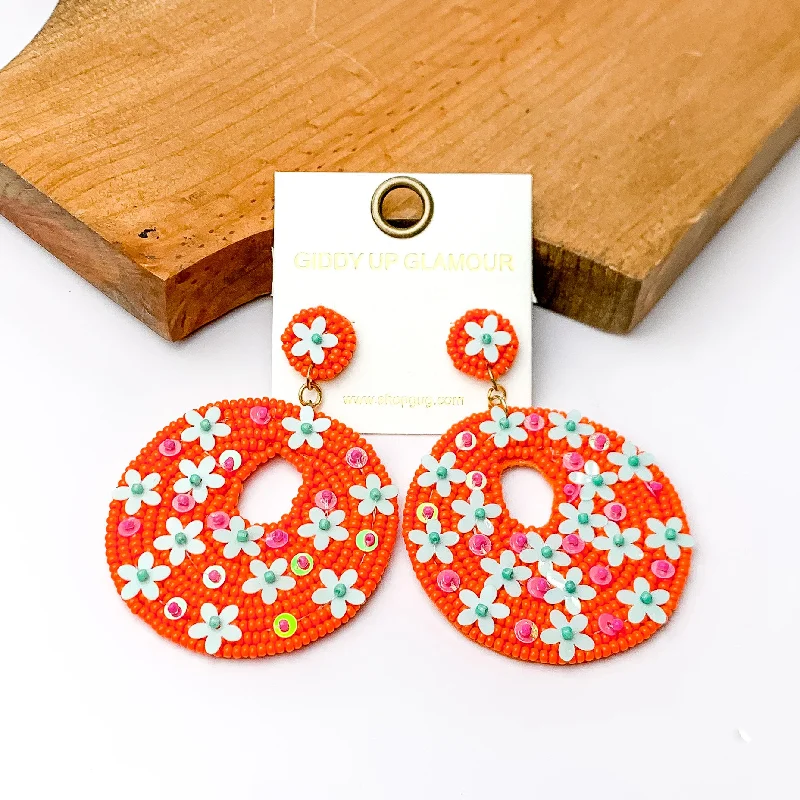 Crystal and Pearl Earrings-Orange Beaded Circular Drop Earrings with Floral Designs