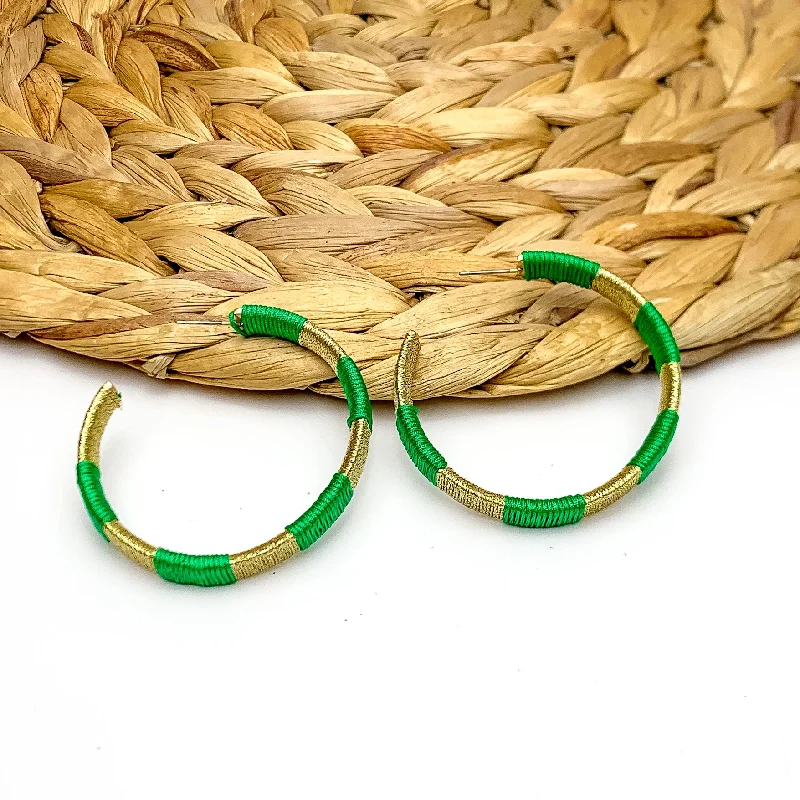 Colorful Gemstone Earrings-Game Day Glam Colored Hoop Earrings in Green and Gold