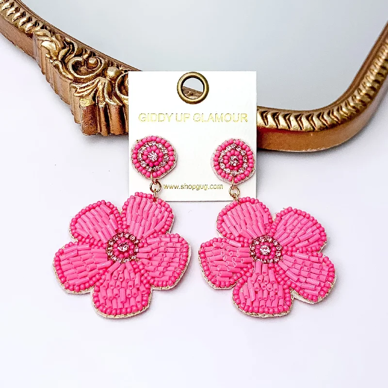 Elegant Wedding Earrings-Beaded Flower Earrings in Pink with Crystal Stones