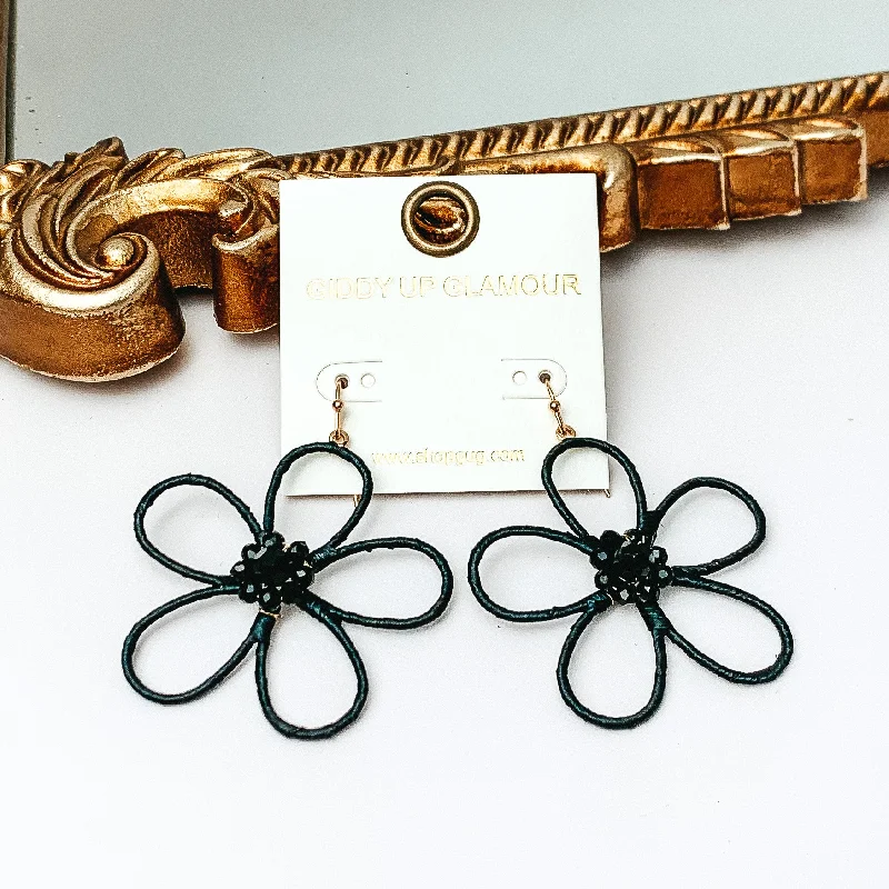 Classic Gold Earrings-Daisy Delight Raffia Wrapped Flower Earrings with Crystal Center in Black